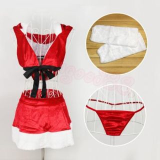 Sexy Red Christmas Santa Costume Bra Top Mini Skirt Underwear Hat Lingerie Dress