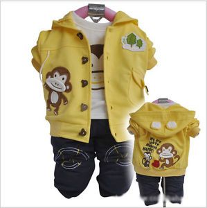 New 3pcs Set Hoody Tshirts Pants Baby Boy Clothes Cotton Monkey Baby Set Outfit