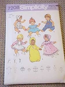 1975 Simplicity Baby Doll Clothes Pattern 7208