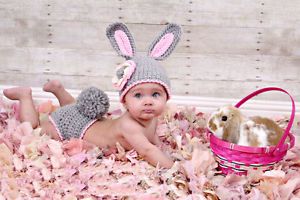 2pcs Girls Baby Infant Hat Pants Knit Bunny Crochet Clothes Outfit Gray Rabbit
