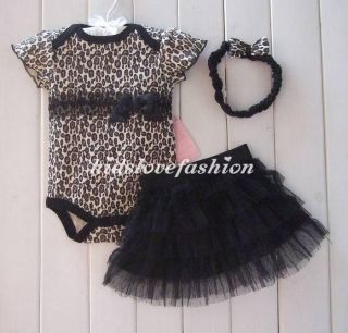 Baby Girl Leopard Romper Bodysuit Ruffled Tutu Skirt Headband Outfits Set 3M 24M