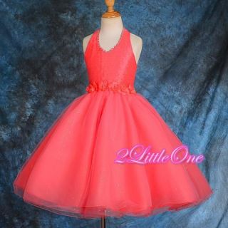 Diamante Halter Flower Girl Dress Wedding Pageant Party Coral Toddler 3T 4T 191