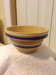 Yellow Ware RARE Antique Bowl Blue and White Bands Children's Mixing Bowl