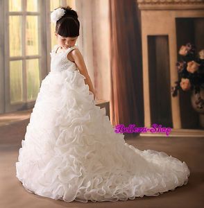 Satin Organza Tiered Dress w Train Wedding Flower Girl Pageant Size 2T 3T FG238