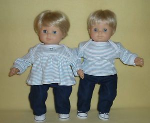 Fits Bitty Baby Twin Doll Clothes 4pc Blue White Striped Shirt and Pants