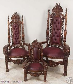 Carved Mahogany Lion Head Gothic Throne Chair King Brown Polish Finish