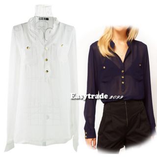 Elegant Women's V Neck Long Sleeve Gold Button Chiffon Blouse Shirt Tops ESY1