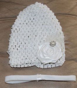 Infant Baby White s Beanie Waffle Hat Set Bling Feather Flower Clip Headband
