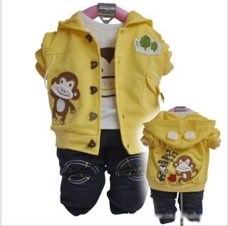 Cute Monkey Cotton Baby Boys Outfits 3pcs Set Hoody Tshirts Pants Girls Clothes