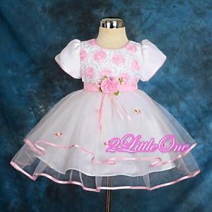Infant Baby Dress Wedding Flower Girl Pageant Party White Pink Size 12M 18M 182