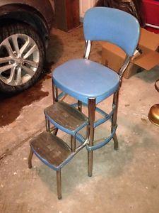 Vintage Blue Retro Kitchen Cosco Chrome Step Stool Ladder Chair 50'S