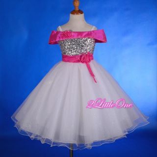 Sequin Tulle Flower Girl Dress Wedding Pageant Party White Hot Pink 3T 4T 214
