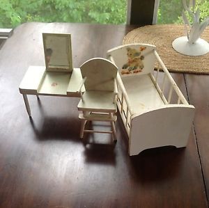 Vintage Doll Furniture Lot Baby Bed High Chair Vanity Wood