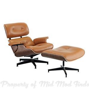 Eames Style Lounge Chair and Ottoman in Tan Leather with Dark Walnut Wood