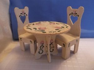 Dollhouse Miniature Round Off White Handpainted Wood Table 2 Chairs Signed