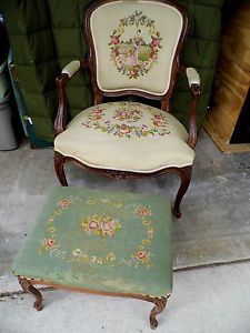 Antique Beige Floral Needlepoint Chair Matching Foot Stool Queen Anne Carved