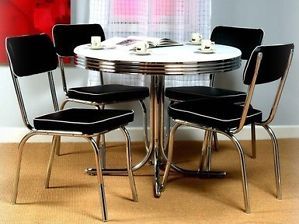 Black Retro 5 Piece Dining Set Round Chrome Kitchen Table 4 Chairs 50s Style