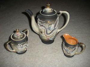 Vintage Japan Black Dragon Set Tea Coffee Pot Sugar Bowl Creamer