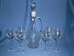 Romanian Mouth Blown Crystal Etched 8 PC Wine Pitcher Decanter Glasses New
