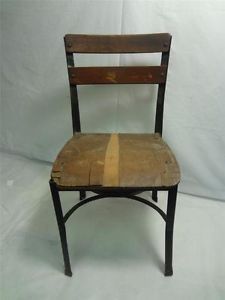 Antique Vintage Child Children 23" Tall Chair Wooden Seat Slat Black Metal Frame