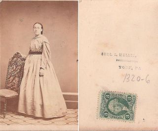 Young Lady w Long Dress and Ornate Chair 3 Cent Stamp Civil War Era CDV