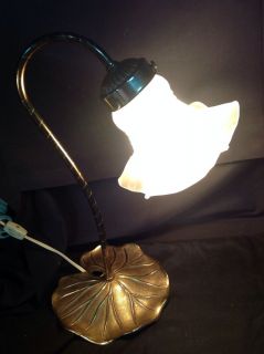 Vintage Lily Pad Gooseneck Desk Table Lamp Brass w Frosted Glass Tulip Shade