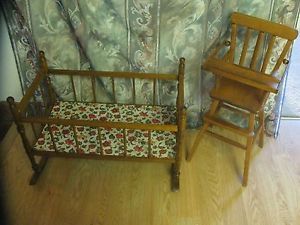 Vintage 1960s Wooden Doll High Chair w Movement and Cass Toys Rocking Cradle USA