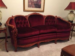 Antique Victorian Couch Chair Set Carved Ornate Sofa Settee Hands w Baskets