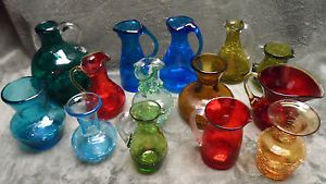 14 Vintage Crackle Glass Pitcher Vase Decanter Red Green Amber Blenko Pilgrim