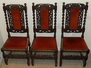 Set of 3 Antique Barley Twist Victorian High Back Upholstered Chairs Hand Carved