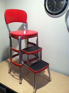 Vintage Cosco Stylaire Red Chrome Kitchen Step Stool Chair Mid Century 1950'S