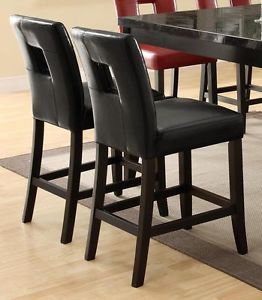 Black Faux Leather Counter Height Chairs Stools 2pc Set Wood Legs Pub Bistro Bar
