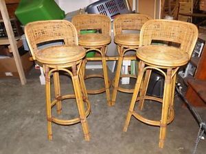 4 Vintage Mid Century Bamboo Wicker Bar Stool Swivel Chairs