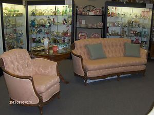 Gorgeous Antique French Sofa and Matching Chair Tufted Pink Pristine