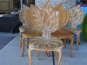 Mid Century Art Deco Nouveau Hand Carved Leaf Side Chairs Italian