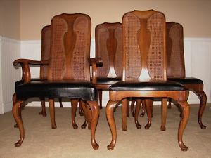 John Stuart Vintage Queen Anne Cane Back Dining Room Chairs 8 Leather Seats