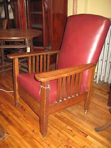 Antique Arts Crafts Oak Morris Chair Original Royal Easy Chair Co Red Leather