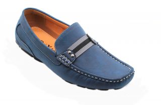 Men's Casual Leather Moccasins Loafer Strap Across Slip on Driving Shoes Blue
