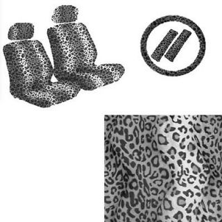 9pc Gray Leopard Cheetah Animal Front Bucket Car Seat Covers Steering Wheel Belt