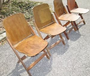 Antique Vintage Lot of 4 Folding Wood Wooden Recital Theater Chairs