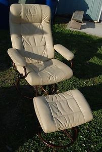 Vtg 70's Ekornes Stressless Cream Beige Leather Lounge Chair Reclining Ottoman