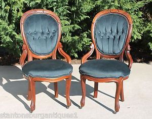 PR Stately Victorian Walnut Burl Parlor Chairs Sapphire Blue Velvet C1875