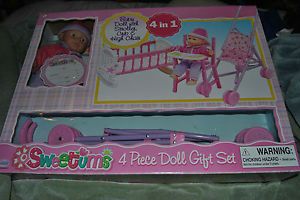 Sweetums 4 in 1 Baby Doll Stroller Crib Baby Doll High Chair Doll Gift Set