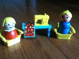 Vintage Fisher Price Little People Sewing Machine Chair Mom Girl Wood Bodies