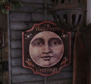 Primitive Vtg Style Retro Fall Harvest Halloween Man on The Moon Hanging Sign