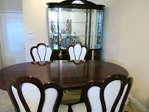Modern Cherry Dining Room Table Chairs China Cabinet Set Solid Wood Curved Glass