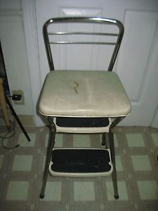 Vtg Mid Century Cosco Kitchen Step Stool Chair White Vinyl and Chrome