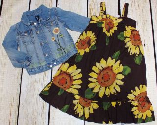5T Baby Gap Sunflower Denim Jean Jacket Brown Yellow Maxi Dress Tunic