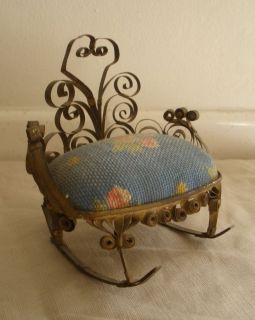 Mid Century Tramp Art Spam Can Curled Metal Pin Cushion Rocking Chair Miniature