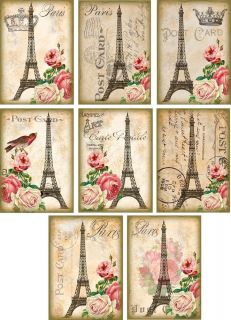 Vintage Inspired Roses Eiffel Tower Paris ATC Altered Art Note Cards Set of 8